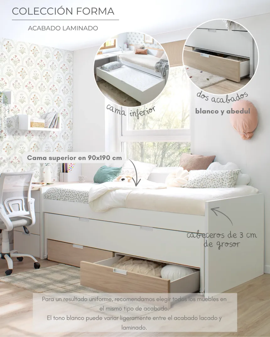 Cama compacta juvenil Forma en abedul | Entrega inmediata 2