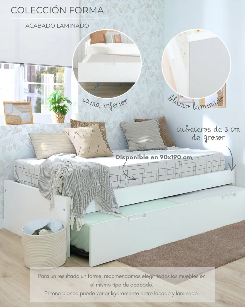 Cama nido blanca laminada piecero bajo 90 x 190 | Envío Gratis 2