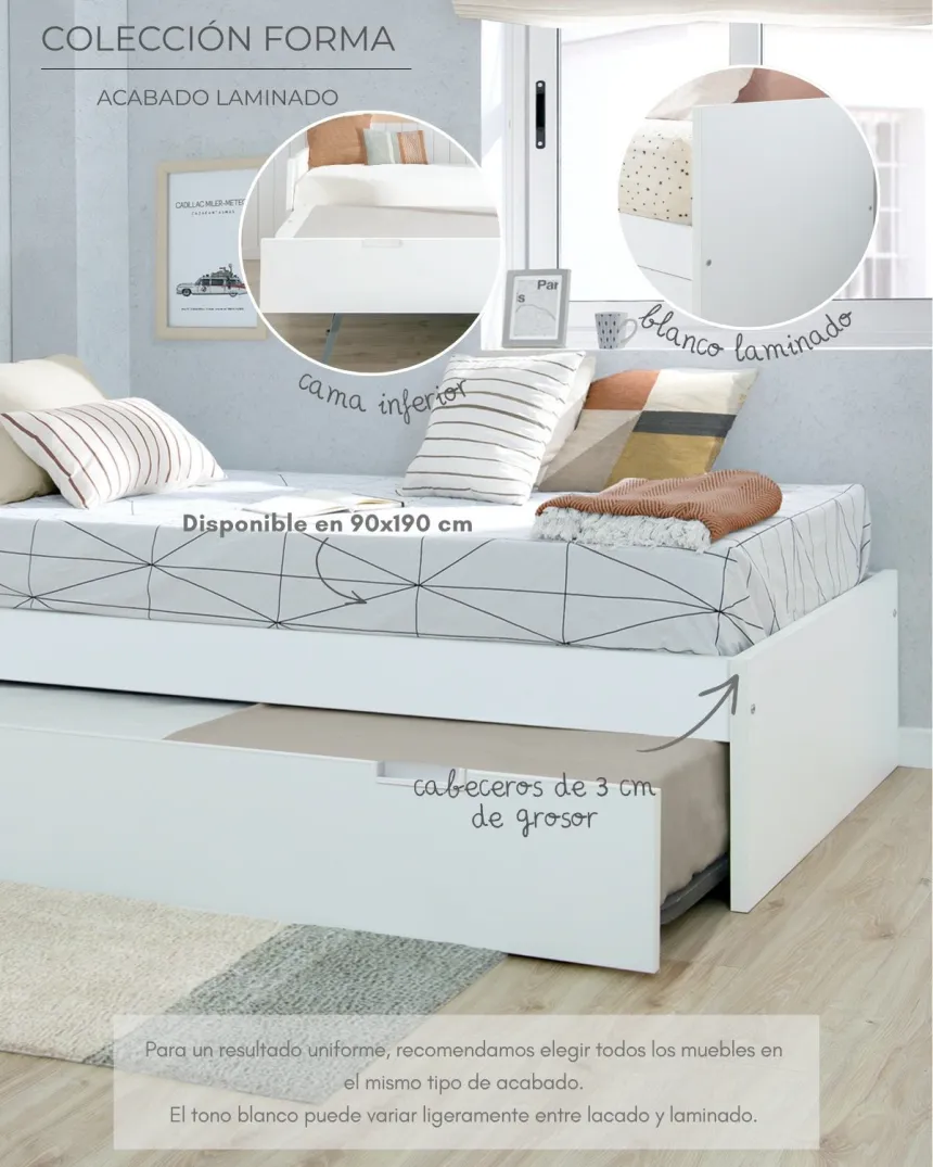 Cama blanca laminada 90 x 190 | Financia sin intereses