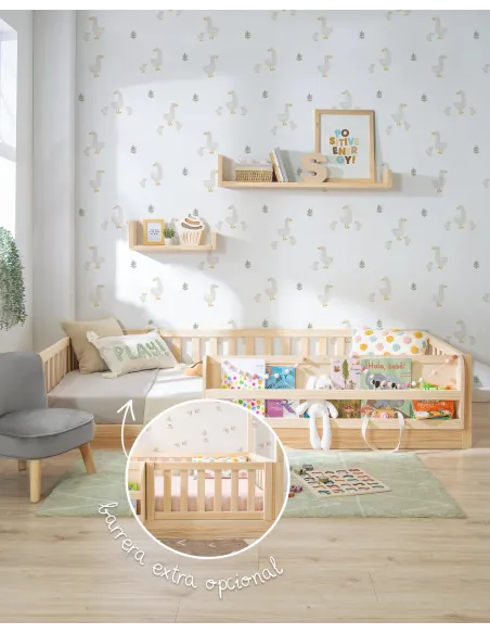 Cama Montessori con librería madera natural | Habitación Montessori