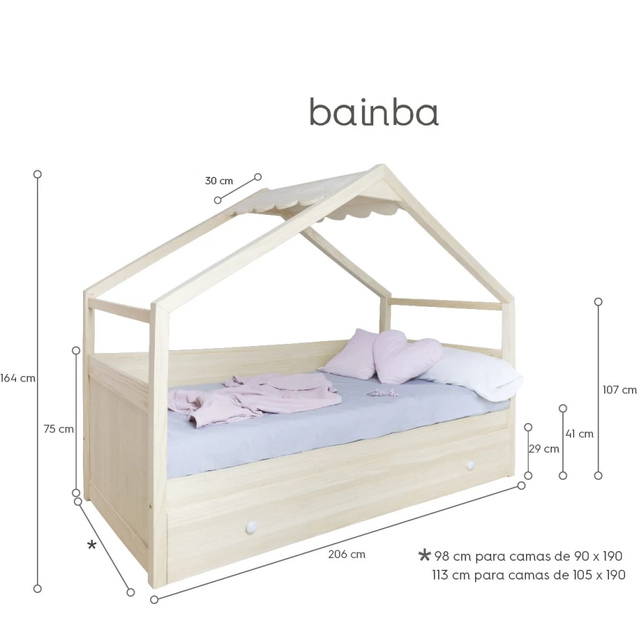 Medidas cama casita tejado madera natural 