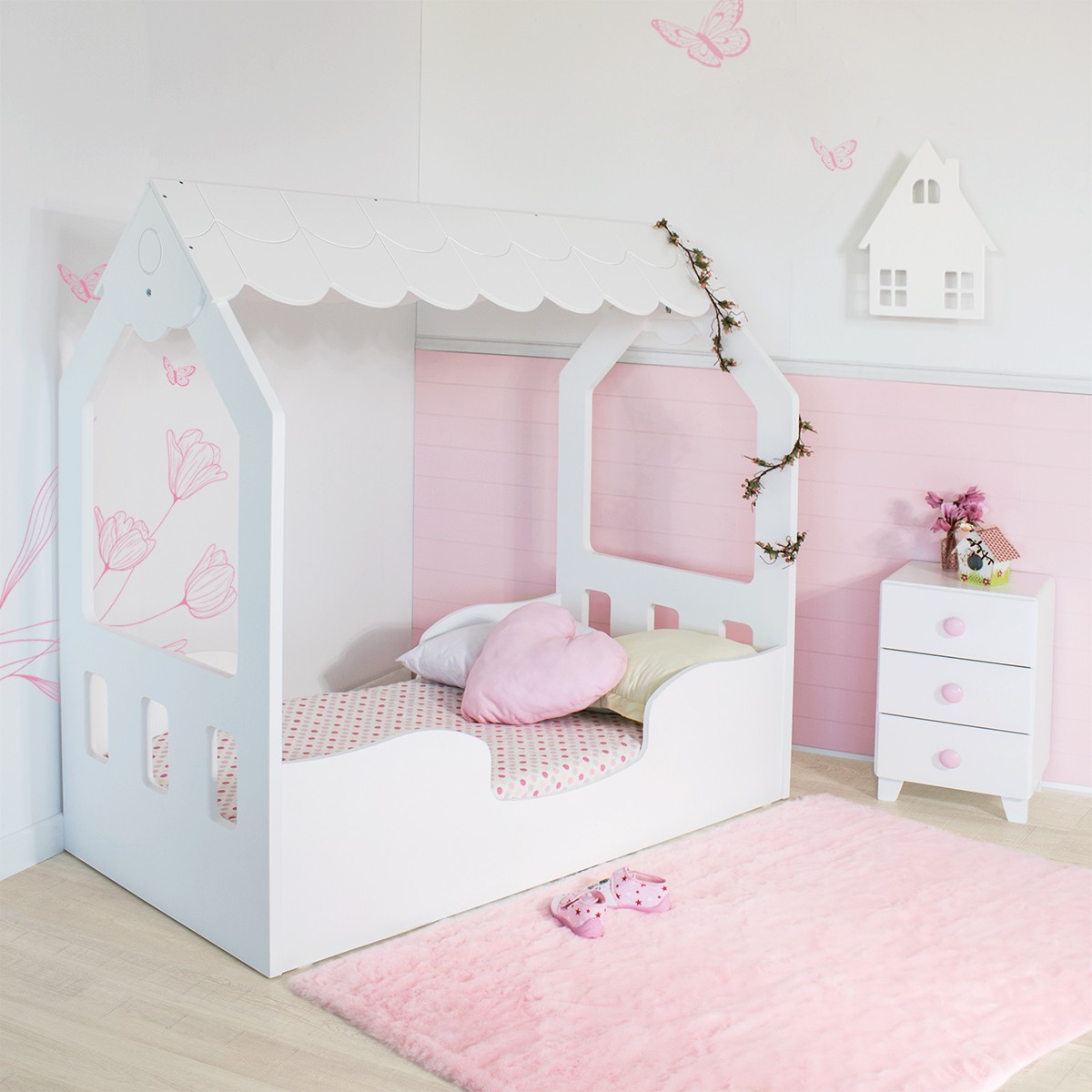 Cama infantil de 90x190 cm Montessori con casita · Bianca Tre QT664