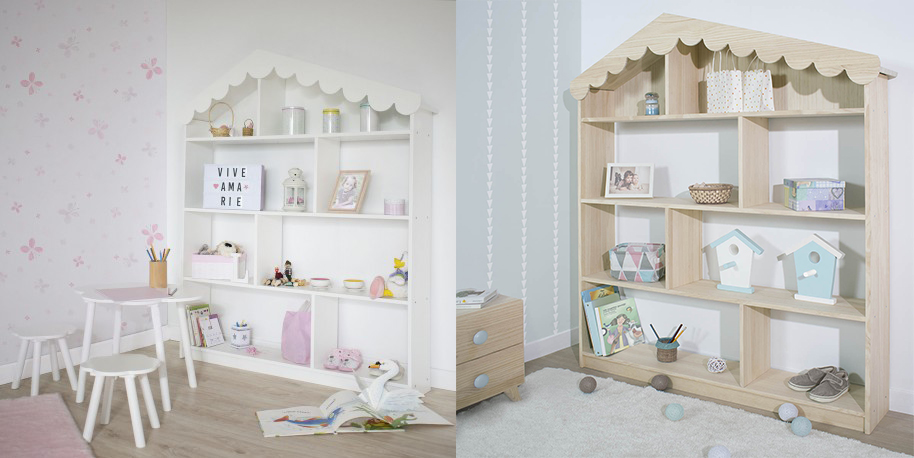 Estantería casita Montessori en lacado en blanco y en madera maciza natural